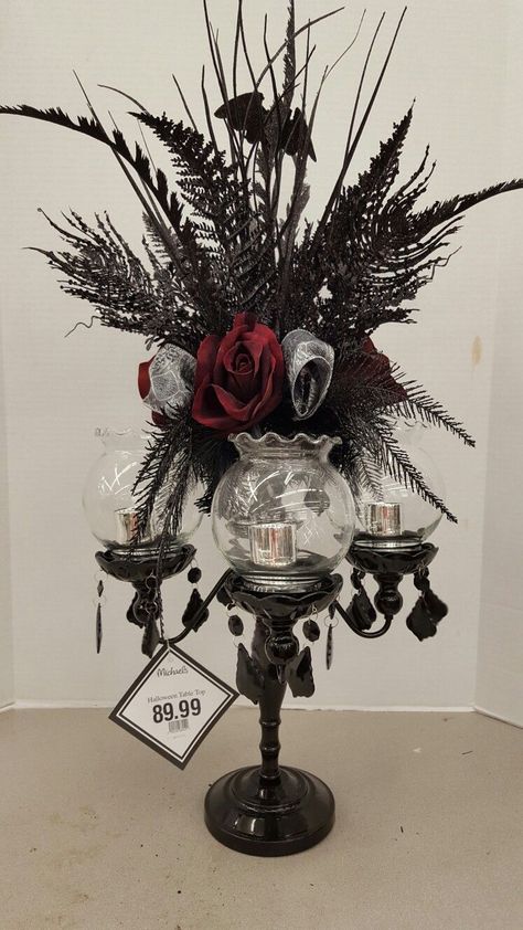 Halloween Candelabra Centerpiece Halloween Candleabra Ideas, Halloween Candleabra, Diy Gothic Decor Crafts, Halloween Wedding Centerpieces, Halloween Candelabra, Halloween Centerpieces, Halloween Centers, Dark Wedding Theme, Candelabra Centerpiece