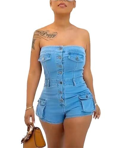 ksotutm Denim Jumpsuit for Women Sexy Off the Shoulder Summer Cargo Jumpsuit for Woman One Piece Shorts Jumpsuit Denim Romper Cargo Jumpsuit, Denim Romper, Kids Luggage, One Piece For Women, Denim Jumpsuit, Short Jumpsuit, Pharmacy Gifts, Jumpsuits For Women, Off The Shoulder