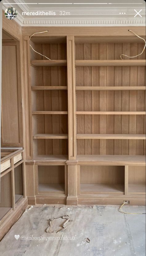 Bookshelf Trim Ideas, Spanish Style Built In Bookcase, Natural Wood Built In Bookshelves, White Oak Library, Bookcase Trim Ideas, White Oak Built In Bookshelves, French Bookshelves, Victorian Built In Bookcase, Wooden Built Ins