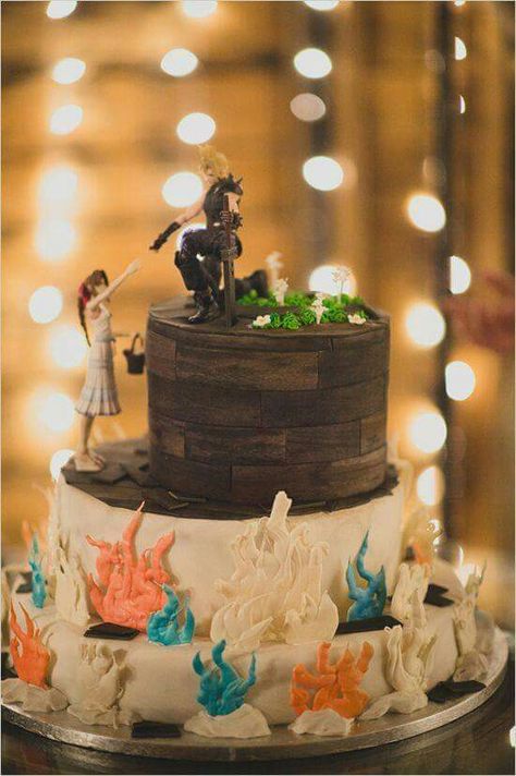 Final Fantasy 7 cake Final Fantasy Party, Gamer Wedding Ideas, Final Fantasy Wedding, Bento Box Cute, Kingdom Hearts Wedding, Fantasy Wedding Theme, Nerdy Wedding Cakes, Gamer Cake, Couple Wedding Cake