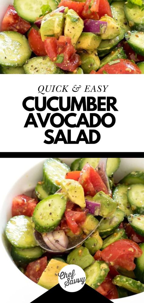 Save Chef Savvy's most popular Cucumber Avocado Salad recipe! It's simple, refreshing, and packed with tons of fresh flavor. Made with fresh veggies like cucumber, tomatoes, red onions, and creamy avocado this is a great side dish for grilling season! Follow Chef Savvy for more easy summer recipes! Cucumber Avacado Salad, Tomato And Onion Salad, Chef Savvy, Cucumber Avocado Salad, Avocado Tomato Salad, Pasta Side Dishes, Avocado Salad Recipes, Cucumber Avocado, Onion Salad