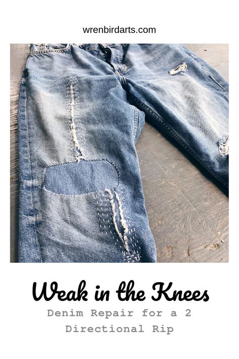 Denim Repair: Weak in the Knees I don't want to sound like the crabby neighbor lady, but. . . JEANS TODAY! Jeans take thousands of gallons of water to make, from seed to thread, and then the chemical dyes, and then fake holes are made in those brand new jeans, AAAAHHH! How long should we expect jeans with manufactured Jean Alterations, Transforming Clothes, Mending Denim, Mending Techniques, Visible Mending Jeans, Jean Mending, Repairing Clothes, Jeans Refashion, Clothing Repair