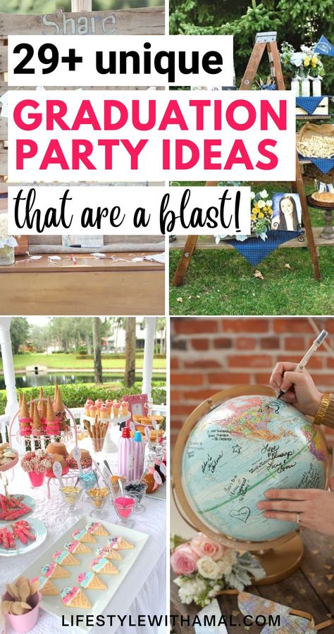 Ypur graduation party should be celebrated in the best way possible, so if you are looking for creative ideas that will make your party stand out, check out these unique graduation party ideas that you'll absolutely love to recreate for your big day! These ideas are super cute, trendy and something you can easily put together! Graduation Food Ideas Grad Parties, Food Table Graduation Party, Decorating Ideas For Graduation Party, Senior Party Themes, Boys Graduation Party Ideas Decoration, Dessert Table Ideas Graduation Party, Graduation Table Decorations Ideas, Graduation Party Table Ideas, Backyard Graduation Party Ideas Outdoor