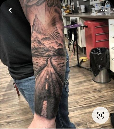 Highway Tattoo Ideas, Highway Tattoo, Pelican Tattoo, Arm Cover Up Tattoos, Scenery Tattoo, Nature Tattoo Sleeve, Biker Tattoos, Girl Arm Tattoos, Map Tattoos