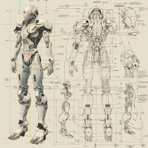 Robotic Blueprints, Robot Blueprint, Robot Anatomy, Types Of Robots, Mecha Armor, Armour Ideas, Dnd Things, Robotics Engineering, Mech Art