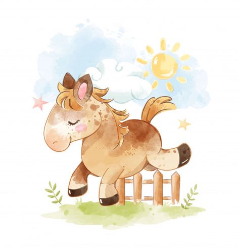 Lindo caballo de dibujos animados salta ... | Premium Vector #Freepik #vector #acuarela #vintage #arbol #bebe Fence Illustration, Cartoon Horse, Horse Jumps, Horse Cartoon, Baby Animal Drawings, Horse Illustration, Baby Illustration, Baby Painting, Cute Animal Illustration