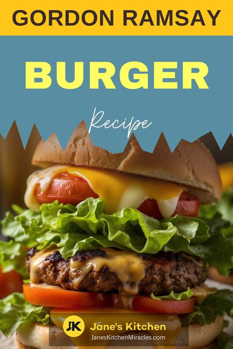 Juicy burger with fresh toppings Gordon Ramsay Burger, Burger At Home, Kitchen Activities, Gordon Ramsay Recipe, Red Onion Salad, Seared Steak, Grilled Onions, Beef Patty, Gourmet Cooking