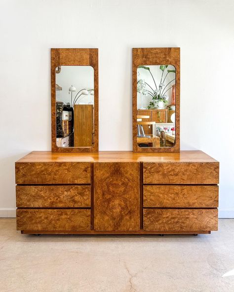 Coming today— Burl Wood Lowboy Dresser + Mirrors. Part of a stunning six-piece bedroom set by Lane. #vintagefurniture #midcentury #burl Burl Wood Vanity, Burl Wood Mirror, Burl Wood Cabinet, Burl Picture Frame, Dresser Mirrors, Vintage Burl Wood Dresser, Lowboy Dresser, Burl Wood, Dresser With Mirror