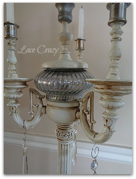 Lace Crazy: A Vintage Torchiere Lamp Makeover... Floor Lamp Makeover, Looking Glass Spray Paint, Emergency Candles, Chandelier Makeover, Lamp Makeover, Torchiere Lamp, Anthropologie Inspired, Lamp Ideas, Savvy Southern Style