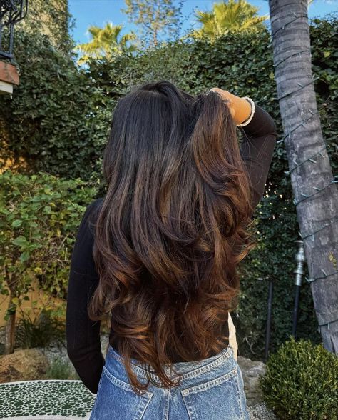 bouncy blowout, blowout, voluminous blowout, 90s blowout, brown hair, chocolate brown hair color, long hair, long hair blowout, long hair inspo, long haircut, layered haircut, formal hair, party hair, date night hair Brown Hair With Long Layers, Blowout Brown Hair, Blowout Long Hair, Blowout 90s, Long Hair Blowout, Hair Date Night, Hair With Long Layers, Voluminous Blowout, Bouncy Blowout