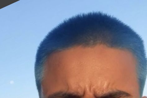 Blue Hair Buzzcut, Light Blue Buzzcut, Dark Blue Buzzcut, Blue Buzzcut Men, Blue Buzzcut, Blonde Hair With Blue Tips, Blue Tips Hair, Haircut Options, Hair Dye Techniques