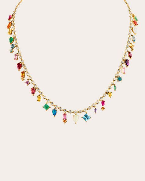 The White Dress Edit | Olivela Colorful Gold Necklace, Rainbow Jewelry Aesthetic, Dope Jewelry Accessories, Rainbow Sapphires, Colorful Necklace, Rainbow Jewelry, Rainbow Necklace, Dope Jewelry, Classy Jewelry