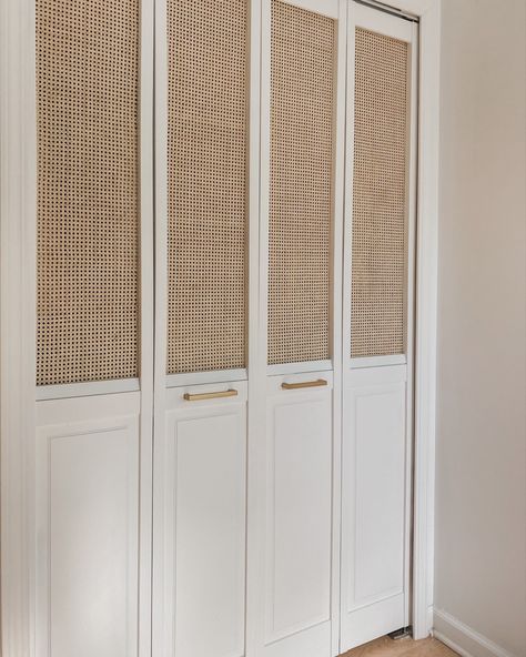 Rattan cane webbing white bedroom bi-fold closet doors minimalist boho Scandinavian scandi style Custom Closet Doors, Diy Closet Doors, Billy Regal, Bedroom Closet Doors, Closet Door Makeover, Wood Organization, Bifold Closet Doors, White Closet, Tiny Closet