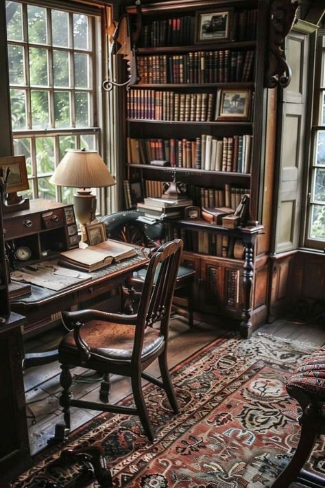 English Cottage Office, Cottage Office Ideas, Hobbit Cottage, Cottage Core Office, Victorian Study, Cottage Library, Victorian Punk, Cottage Office, Dark Academia Home