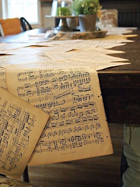 vintage music sheet table runner, home decor, painted furniture, repurposing upcycling Sheet Music Decor, Vintage Wedding Decorations Diy, Wedding Decorations Diy Centerpiece, Vintage Wedding Table, Table Centerpieces Diy, Music Themed Parties, Music Themed Wedding, Party Table Centerpieces, Table Decorating