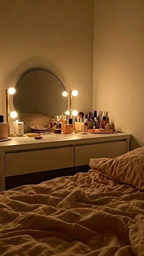 This dreamy vanity setup is the perfect blend of classy, aesthetic, and organized! The glowing mirror lights add the perfect touch of elegance, while the neatly arranged beauty products make everything easily accessible. A glimpse of the cozy bedroom vibes in the background makes this space feel even more luxurious. Who else loves a chic, organized vanity?
#VanityGoals #AestheticRoom
#ElegantDecor #MakeupVanity
#OrganizedBeauty #GlamSetup #LuxuryRoom #DreamySpaces
#VanityInspo #bedroomdecorideas Glowing Mirror, Organized Vanity, Vanity Setup, Beauty Space, Elegant Vanity, Bedroom Vibes, Mirror Lights, Vanity Organization, Luxury Rooms