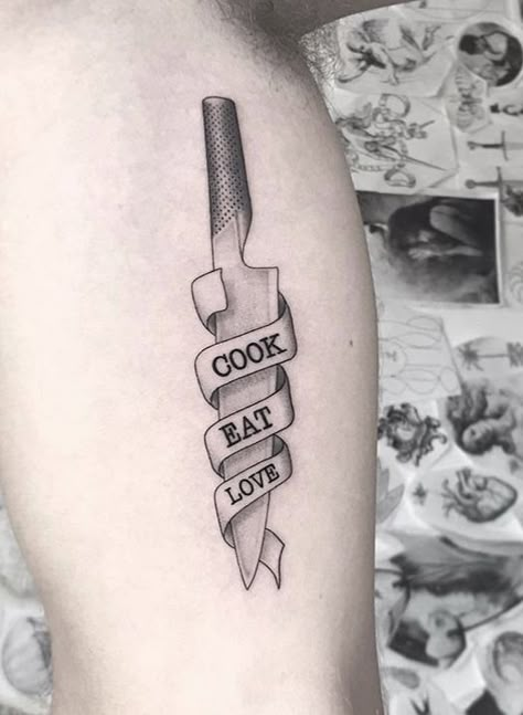 Kitchen Knife Tattoo Design, Chef Tattoo Ideas For Women, Culinary Tattoos Men, Sweet And Spicy Tattoo, Cooking Tattoos For Men, Kitchen Tattoo Ideas Chef, Chef Tattoo Designs Men, Food Related Tattoos, Iraqi Tattoo