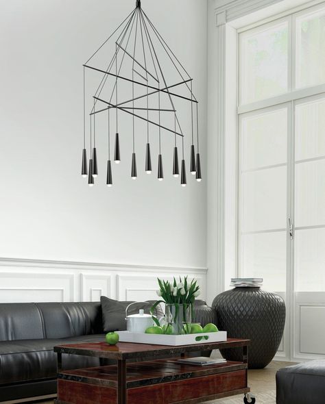 This minimalist chandelier is made from conical metallic elements that hide LED lights within. Sia Chandelier, Contemporary Chandeliers, Luminaire Original, Minimalist Chandelier, Modern Chandeliers, Contemporary Chandelier, Up House, Minimalist Interior Design, Contemporary Interiors