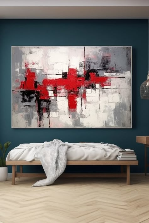 Original handmade abstract painting with bold red, black, and grey brush strokes on white canvas, modern wall art with geometric shapes (10-20 words) Silver Abstract Painting, Grey Abstract Painting, Red Abstract Painting, Red Abstract, Handmade Artwork, Handmade Modern, Black Metallic, Modern Painting, Abstract Paintings