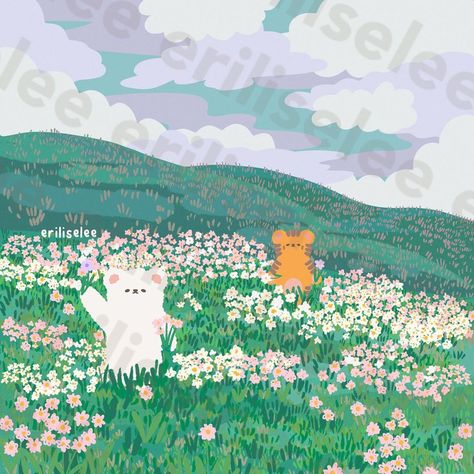 Flower Field Illustration Art, Field Flowers Illustration, Field Of Flowers Drawing, Flower Field Drawing, Flower Field Illustration, Daisy Flower Illustration, Spring Illustrations, Daisy Illustration, Daisy Doodle