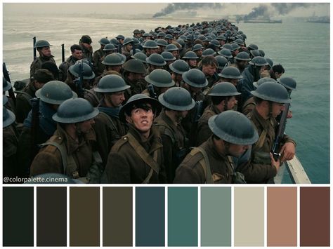 Color Palette Cinema on Instagram: “: "Dunkirk" (2017). •Directed by Christopher Nolan •Cinematography: Hoyte Van Hoytema •Production Design: Nathan Crowley •Costume Design:…” Crowley Costume, Nolan Cinematography, Dunkirk 2017, Directed By Christopher Nolan, Color In Film, Movie Color Palette, Film Collection, Cinema Colours, Color Script