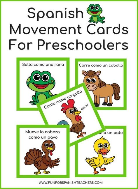 Spanish movement cards incorporate physical activity into language learning. Printable cards with animal words and common verbs to use with kids. Cards With Animals, Preschool Spanish Lessons, Spanish Animals, Movement Cards, Preschool Spanish, Spanish Games, Learning Spanish For Kids, Spanish Basics, Spanish Lessons For Kids