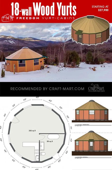 Did you know that YURTS are more economical than conventional homes? While modern yurts are often built using non-traditional materials, they are still a lot more environment-friendly and affordable than standard houses. Mobility is another serious advantage over regular structures. Read about turk and mongolian types of yurts and look at some amazing and unique wooden yurt kits for sale Wooden Yurt Home, Permanent Yurt Home, Diy Yurt How To Build, Yurt Interior Ideas, Yurts Floor Plans, Yurt Building, Yurt Floor Plans, Yurt Homes, Yurt Plans