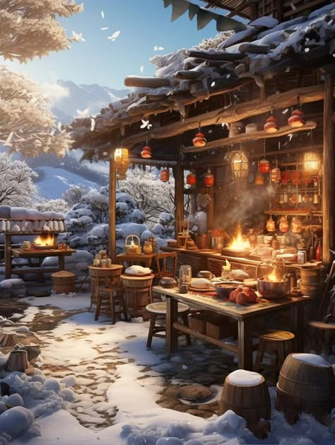 Ice Village Fantasy Art, Fantasy Inn Exterior, Winter Concept Art, Chinese Buildings, Calming Pictures, Japanese Town, Viking Village, Magical Room, Mansion Exterior