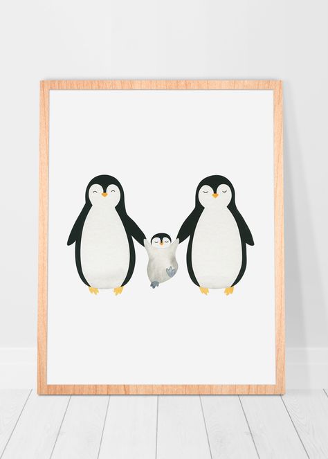 Baby Boy Wall Art Nursery, Animal Family Painting, Penguin Family Drawing, Animal Family Drawing, Baby Penguin Drawing, Penguin Room Decor, Penguin Nursery Theme, Animal Nursery Pictures, Family Playroom