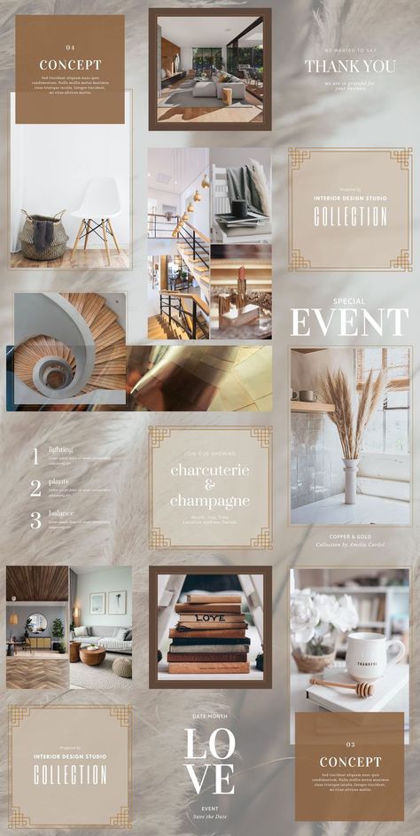 Copper and Cream - Elegant Instagram Puzzle Feed Canva Template - Copper frames and cream accents. Feather wheat background with headlines. This is a puzzle that can be purchased, edited and divided into posts for your Instagram feed. Event Planner Branding, Influencer Event, Event Planers, Instagram Grid Layout, Elegant Instagram, Instagram Puzzle Feed, Interior Design Template, Puzzle Feed, Instagram Plan