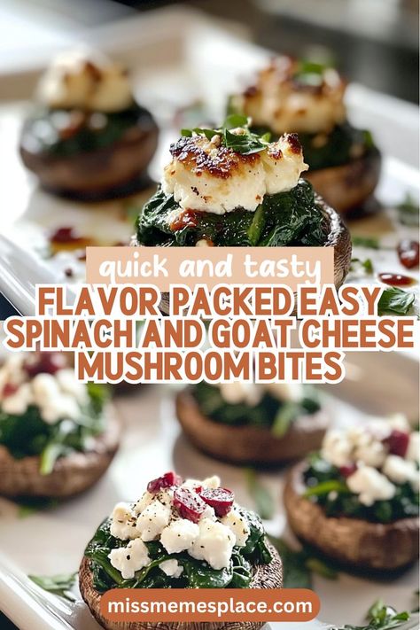 Elevate your appetizer game with these Flavor-Packed Easy Spinach and Goat Cheese Mushroom Bites! Each mushroom cap is generously filled with a creamy spinach and goat cheese mixture, creating an explosion of flavor in every bite. Ideal for entertaining or as a tasty side dish, this recipe is quick to prepare and can be made ahead of time. Get ready to impress your guests with these deliciously simple stuffed mushrooms that are both nutritious and satisfying! Simple Stuffed Mushrooms, Stuffed Mushrooms With Spinach, Mushroom Starters, Goat Cheese Stuffed Mushrooms, Mushroom Bites, Spinach And Goat Cheese, Stuffed Mushrooms Easy, Portobello Mushroom Recipes, Cheese Stuffed Mushrooms