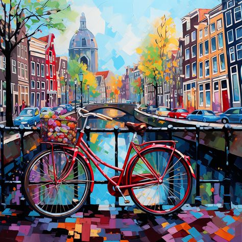 "Amsterdam in Autumn" is an expressive painting capturing Amsterdam's scenic canals in fall, complemented by iconic architecture and a vividly painted bicycle. #Amsterdam #Autumn #Expressionism #Vibrant #Canals #RedBicycle #FreshFlowers #Bridge #HistoricArchitecture #Reflections #Foliage #BoldBrushStrokes #Dutch #Streets #Culture #Art #Waterway #UrbanLandscape #Cycling #FallSeason #Cityscape #Colorful #ExpressionistPainting #Gallery #DutchGoldenAge Amsterdam Autumn, Amsterdam Bridge, Painted Bicycle, European Town, Expressive Painting, Pink Glitter Background, Room Paintings, Amsterdam Art, Iconic Architecture