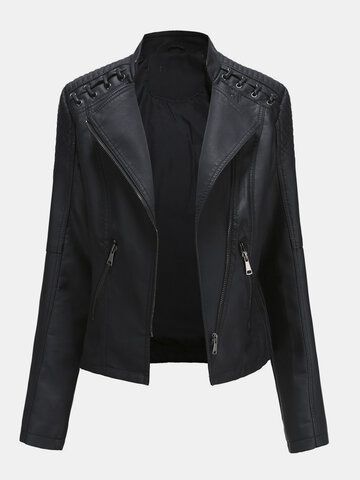 I found this amazing Solid Color Faux PU Leather Zip Front Jacket For Women with US$52.99,and 14 days return or refund guarantee protect to us. --Newchic Faux Leather Jacket Women, Leather Blazer Jacket, Style Sportif, Long Sleeve Outerwear, Jackets Women, Biker Leather, Leather Motorcycle Jacket, Winter Jackets Women, Leather Moto Jacket