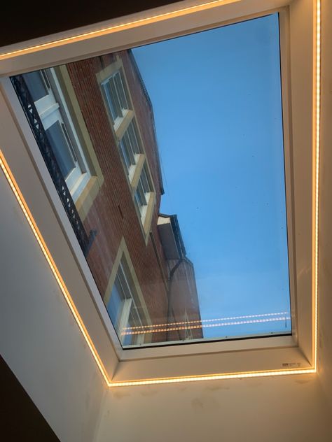 Led Lights Around Window, Skylight Lighting Ideas, Bathroom With Velux Window, Roof Lights Ideas Ceilings, Led Tape Lighting Ideas, Skylight Lighting, Skylights Ideas, Loft Windows, Ceiling Window