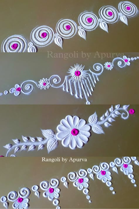 Visit YouTube channel for full length videos Aesthetic Rangoli Border, Rangoli Designs White, Side Border Rangoli Designs, Rangoli Designs Border, Aesthetic Rangoli, Border Rangoli Designs, Kundan Rangoli, Simple Rangoli Designs, Border Rangoli