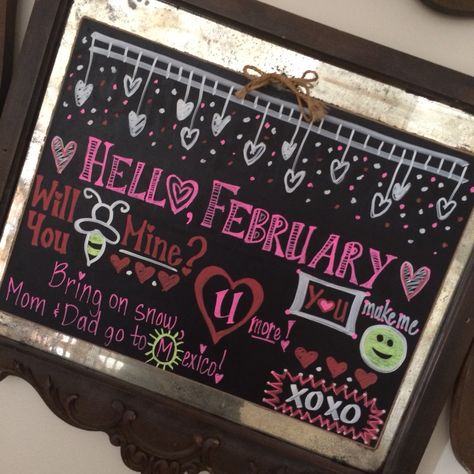 Chalkboard art - February February Chalk Calendar Ideas, February White Board Ideas, February Chalkboard Calendar, February Chalkboard Art, Valentine’s Day Chalkboard Art, February Chalkboard Ideas, Valentines Day Chalkboard Art, February Chalkboard, Barista Ideas