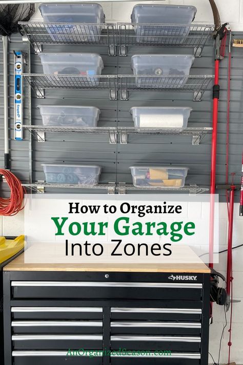 An organized workbench and shelves in a garage! Garage Storage Categories, Garage Storage Zones, How To Organize Garage Shelves, How To Organize Your Garage On A Budget, What To Store In Garage, Kobalt Garage Organization, Garage Organization For Tools, Garage Storage Design, How To Organize The Garage