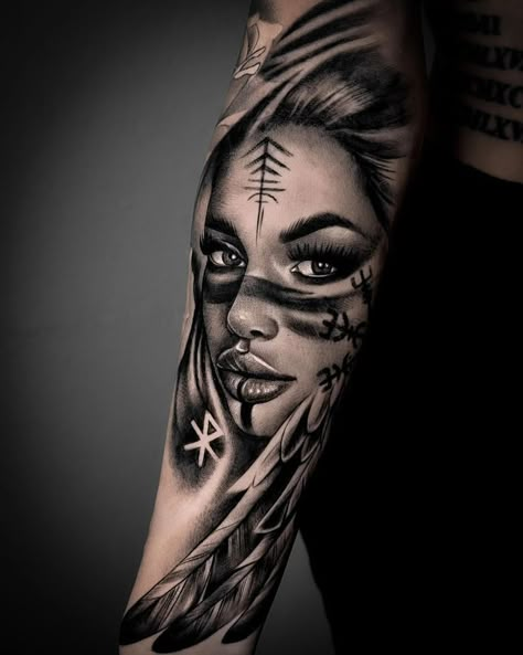 Viking Girl, Cover Up Tattoo Design, Viking Warrior Tattoos, Warrior Tattoo Sleeve, Tattoo After Care, Valkyrie Tattoo, Female Warrior Tattoo, Viking Tattoo Sleeve, Face Tattoos For Women