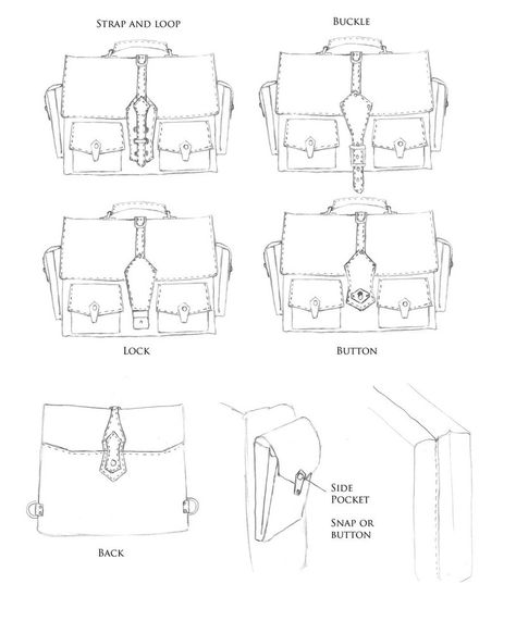 7 Pocket Sketch, Diy Bags No Sew, Bag Drawing, Bag Illustration, Drawing Bag, Lock It, Brass Plate, Bag Patterns To Sew, Leather Projects