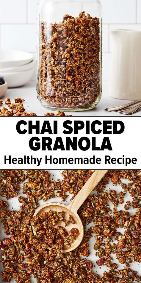 Healthy homemade granola with chai spices Chai Spiced Granola, Flax Seed Granola Recipe, Chai Seeds For Breakfast, Chai Granola, Keto Granola Recipe, Nuts And Seeds Recipes, Nut Granola Recipe, Cabin Recipes, Chia Granola