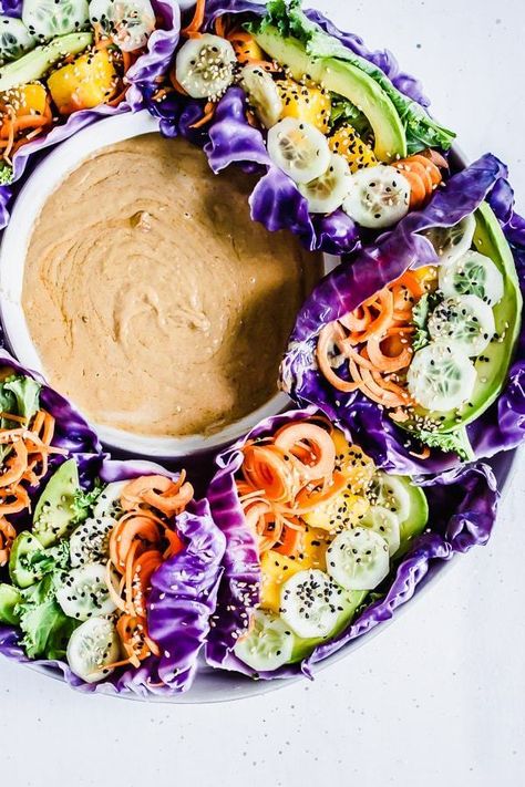 Rainbow Cabbage Wraps | Healthy Little Vittles Cabbage Wraps, Healthy Wraps, Cucumber Avocado, Rainbow Carrots, Purple Cabbage, Eat The Rainbow, Raw Vegan Recipes, Peanut Sauce, Raw Vegan