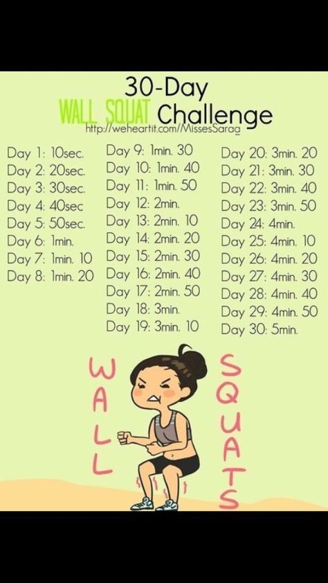 30 Day Challenges;Of course these two wouldn't be done at the same time. I plan on doing these a month at a time. My goal is a full year of 30 day workouts personally.On the last one, I plan to spread them out over three separate months. So I'm going to do my normal workout and add the challenge one in. And remember, WATER AND LISTEN TO YOUR BODY. Wall Squat, Motivasi Diet, Squat Challenge, 30 Day Fitness, Trening Fitness, Fitness Challenge, Body Fitness, Motivation Fitness, 30 Day Challenge