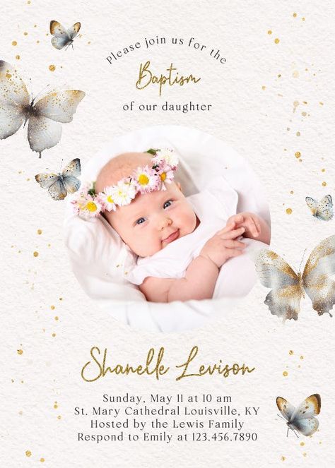 Mariposas - Baptism & Christening Invitation Template (Free) | Greetings Island Christening Invitation Template, Christening Invitations Girl, Butterfly Birthday Cards, Christening Invitation, Halloween Birthday Invitations, Bear Invitations, Greetings Island, Bridesmaid Thank You