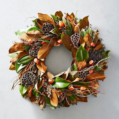 Magnolia Lantern Door Wreath | Williams Sonoma Live Wreath, Lantern Wreath, Orange Lanterns, Living Wreath, Lotus Pods, Window Wreath, Fall Fireplace, Magnolia Wreath, Pinecone Wreath