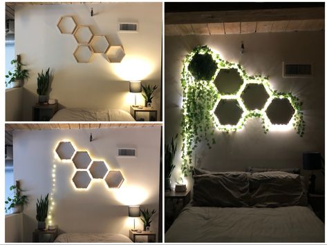 Hexagon shelves with vines and lights bedroom decor Hexagon Shelf Decor, Hexagon Decor, Shelving Decor, Entrance Interior Design, Narrow Hallway Ideas, Diy Room Decor Videos, Shelf Decor Living Room, Hexagon Shelves, Entrance Interior