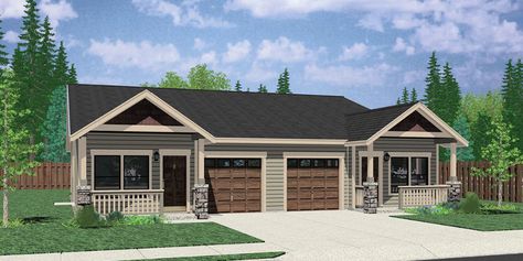 2 Bedroom Duplex House Plan By Bruinier & Associates Duplex House Plans With Garage, House Plans With Garage, Farmhouse Exterior Colors, One Level House Plans, Duplex Floor Plans, Duplex Plans, Duplex Design, House Plans One Story, Garage House Plans