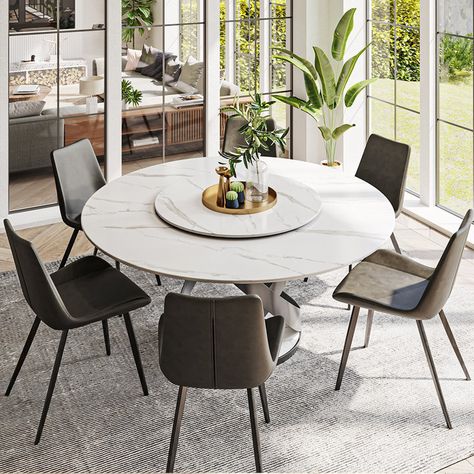 Orren Ellis Dotsie Modern Round Dining Table for 6-8, Sintered Stone Tabletop with Lazy Susan, X Carbon Steel Base & Reviews | Wayfair Round Dining Table For 6, White Round Dining Table, Round Dining Table Modern, Modern Dining Table Set, Gray Dining Chairs, White Dining Table, Stone Dining Table, Marble Dining, Sintered Stone