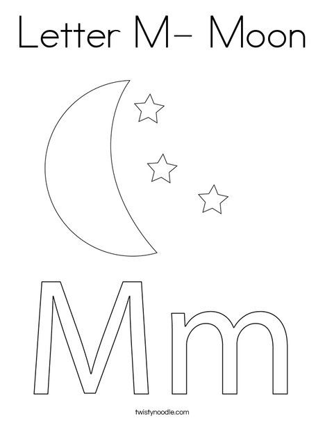 Letter M- Moon Coloring Page - Twisty Noodle M Crafts, Teaching Letter M Preschool, Letter M Learning Activities, Letter M Coloring Page, Letter M Writing Practice, Letter M Exploration, Letter M Crafts, Space Solar System, Moon Coloring Pages