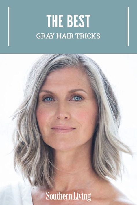 Instead of masking color, embracing your grays and investing in the right techniques to play them up results in a woman with head-turning confidence and a perfect excuse for more regular salon visits. Here, a few cardinal rules every stylish silver haired lady knows to be true. #beauty #grayhair #tipsandtricks #hairstyles #grayhaircolors #southernliving Hair Products For Gray Hair Over 50, Gray Hair With Blue Eyes, Grey Hair Middle Age Women, Low Lites For Grey Hair, Hairstyles For Graying Hair, Gray Wigs For White Women, Haircuts For Going Gray, Medium Length Grey Hair Styles, How To Make Grey Hair Look Good