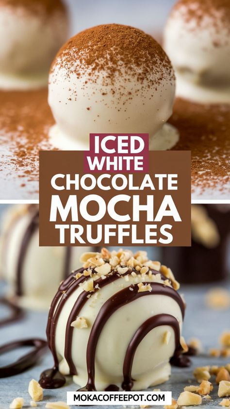 Creamy white chocolate truffles infused with espresso, inspired by the Iced White Chocolate Mocha! A perfect bite-sized indulgence. #WhiteChocolate #Mocha #Truffles #Dessert How To Make Mocha, Mocha Coffee Recipe, Mocha Truffles, Mocha Recipes, Iced White Chocolate Mocha, White Chocolate Truffles, Caramel Mocha, White Chocolate Mocha, Iced Mocha